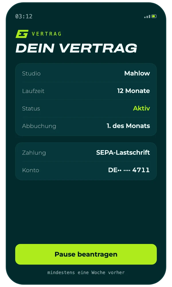 Illustration der EVERGYM App: Vertrag mit Laufzeit und Abbuchung, dazu der Knopf für die Pause