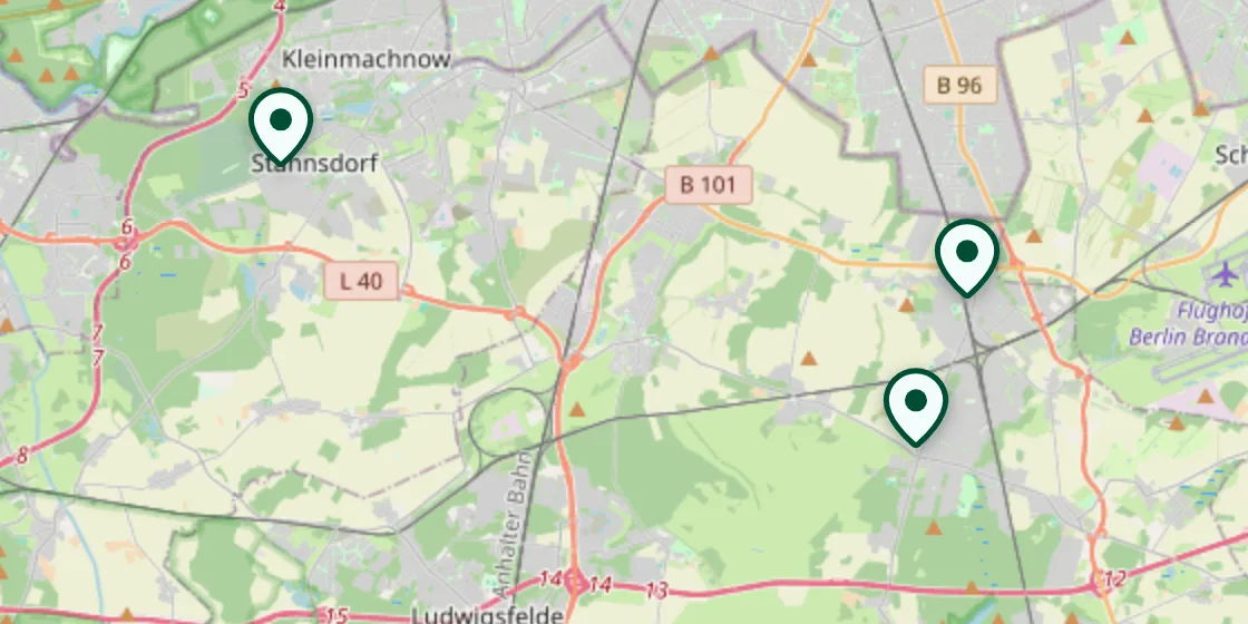 Kartenausschnitt mit allen EVERGYM-Standorten: Blankenfelde, Mahlow, Stahnsdorf.